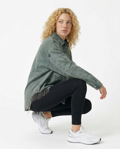 Ravin Rhinestone-Embellished Acid Wash Denim Jacket with Fringe Detail - Olive - R216816