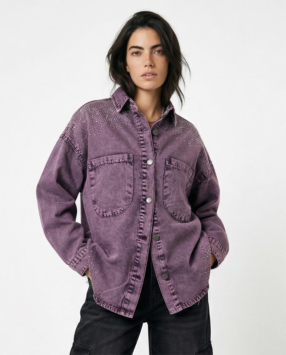 Ravin Oversized Acid-Wash Denim Shacket with Shoulder Diamante Embellishment – Purple - R216817