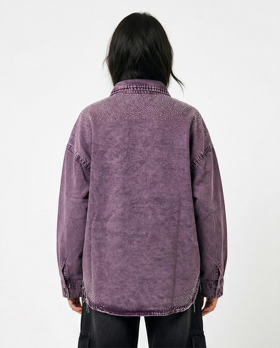 Ravin Oversized Acid-Wash Denim Shacket with Shoulder Diamante Embellishment – Purple - R216817