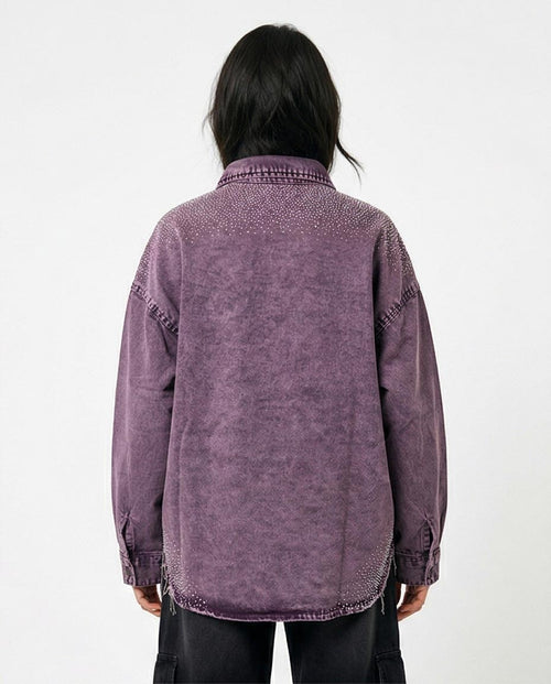 Ravin Oversized Acid-Wash Denim Shacket with Shoulder Diamante Embellishment – Purple - R216817