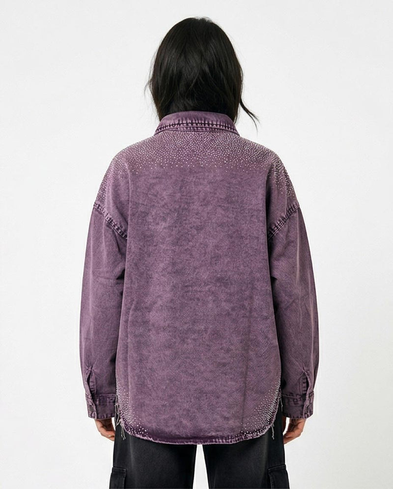 Ravin Oversized Acid-Wash Denim Shacket with Shoulder Diamante Embellishment – Purple - R216817