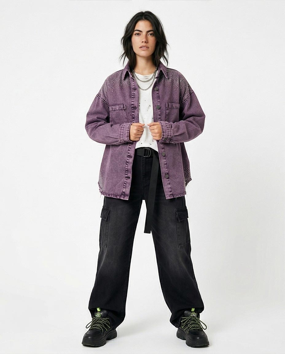 Ravin Oversized Acid-Wash Denim Shacket with Shoulder Diamante Embellishment – Purple - R216817