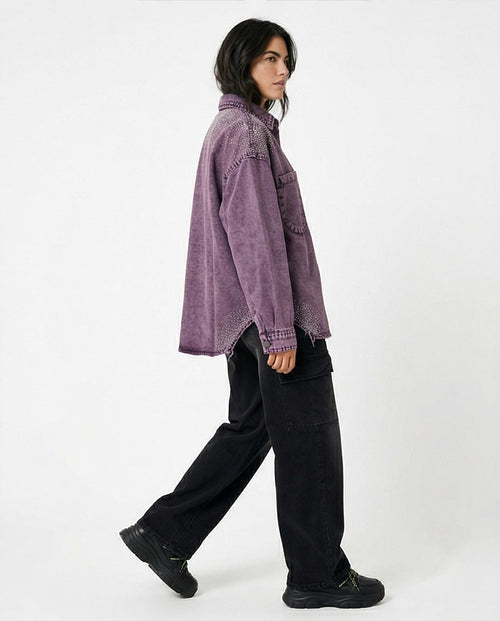 Ravin Oversized Acid-Wash Denim Shacket with Shoulder Diamante Embellishment – Purple - R216817
