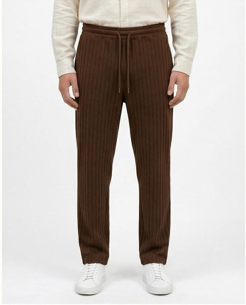 Ravin Men’s Chocolate Brown Ribbed Pique Corduroy Trousers – Relaxed Fit Drawstring Waist Casual Pants - R216864
