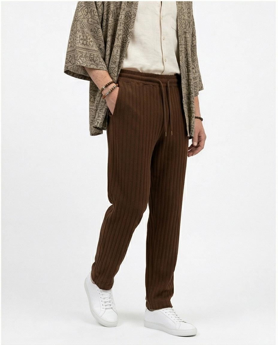 Ravin Men’s Chocolate Brown Ribbed Pique Corduroy Trousers – Relaxed Fit Drawstring Waist Casual Pants - R216864