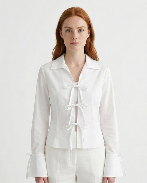 Ravin Tie-Front Ribbon Blouse with Flared Split Cuffs – White - R216880