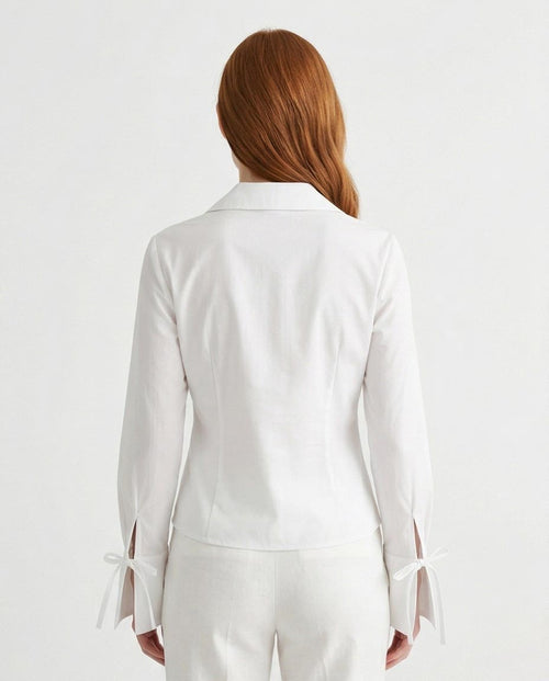 Ravin Tie-Front Ribbon Blouse with Flared Split Cuffs – White - R216880