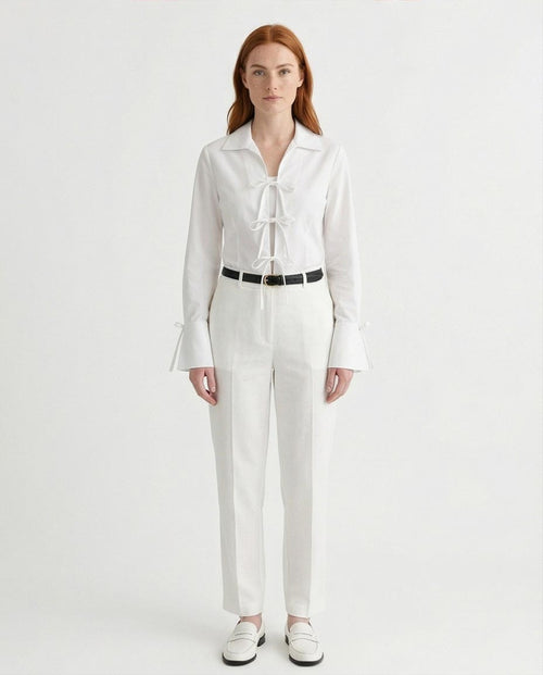 Ravin Tie-Front Ribbon Blouse with Flared Split Cuffs – White - R216880