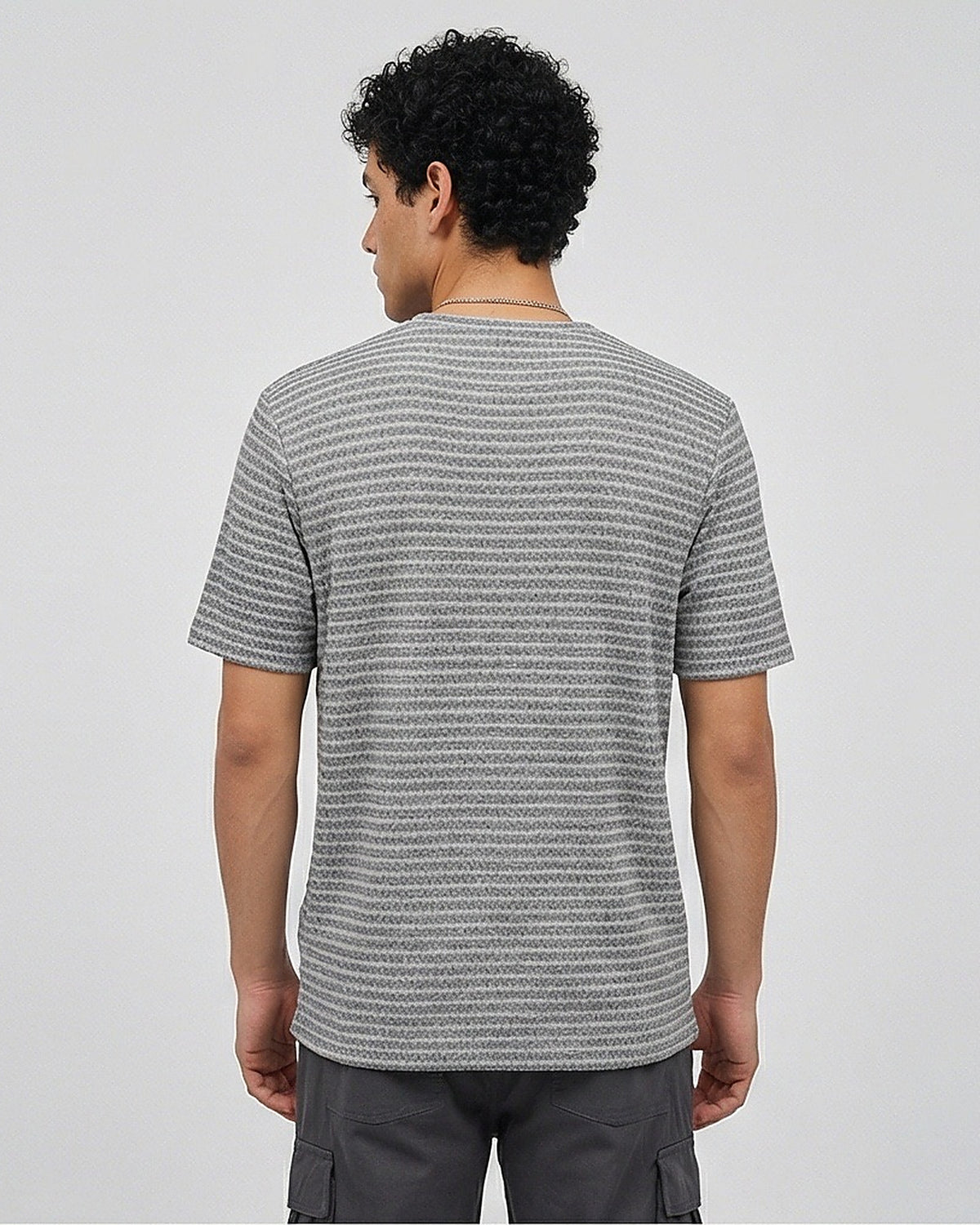 Grey Textured Micro-Stripe Crew Neck T-Shirt - R216886