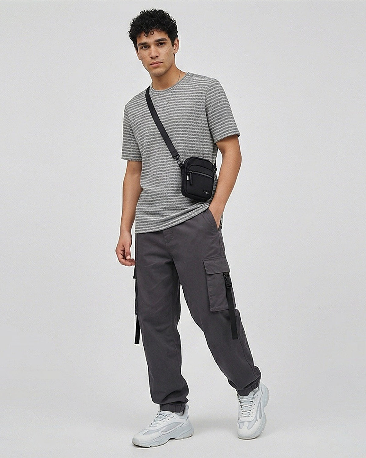 Grey Textured Micro-Stripe Crew Neck T-Shirt - R216886