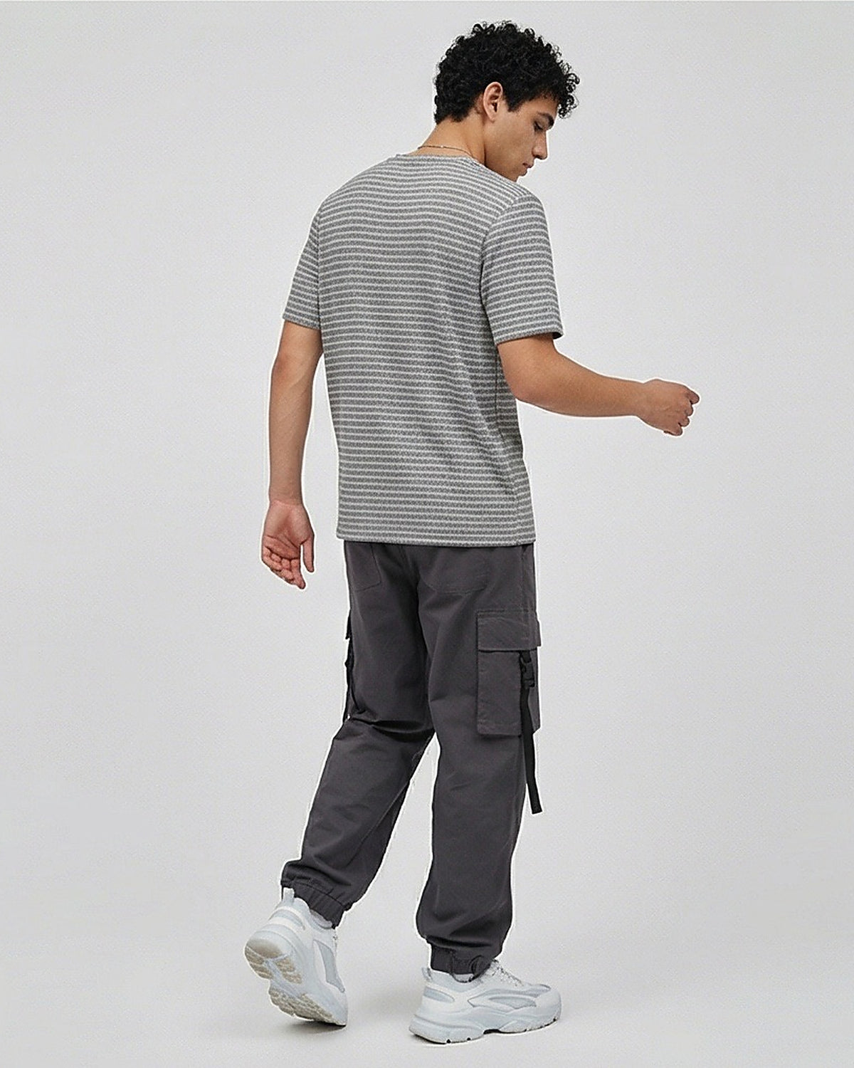 Grey Textured Micro-Stripe Crew Neck T-Shirt - R216886