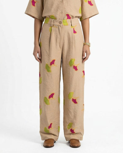 Ravin Ginkgo Leaf Embroidered Plissé Wide-Leg Pants - R216945