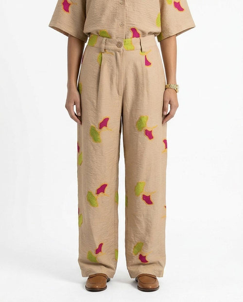 Ravin Ginkgo Leaf Embroidered Plissé Wide-Leg Pants - R216945