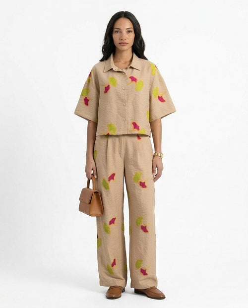 Ravin Ginkgo Leaf Embroidered Plissé Wide-Leg Pants - R216945