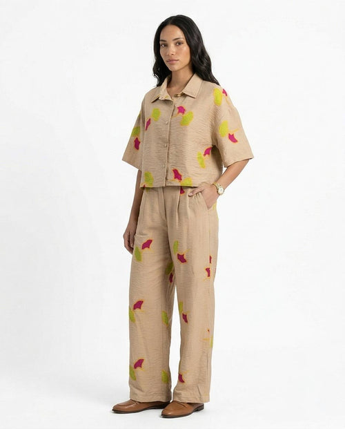 Ravin Ginkgo Leaf Embroidered Plissé Wide-Leg Pants - R216945