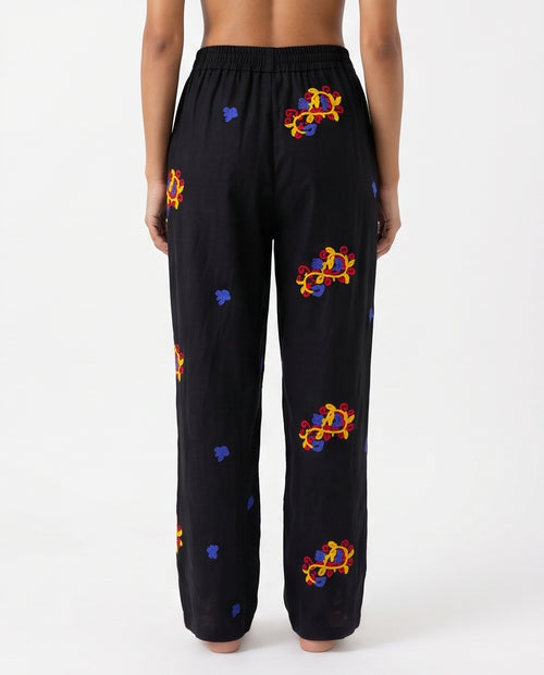 Ravin Embroidered Ginkgo Linen Pleated Trousers – Black - R216946