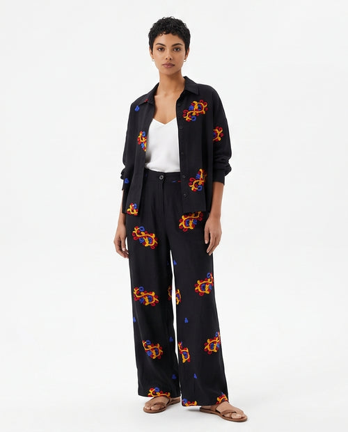 Ravin Embroidered Ginkgo Linen Pleated Trousers – Black - R216946