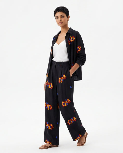 Ravin Embroidered Ginkgo Linen Pleated Trousers – Black - R216946