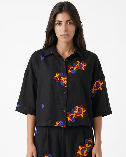 Ravin Embroidered Ginkgo Linen Cropped Shirt – Black - R216950