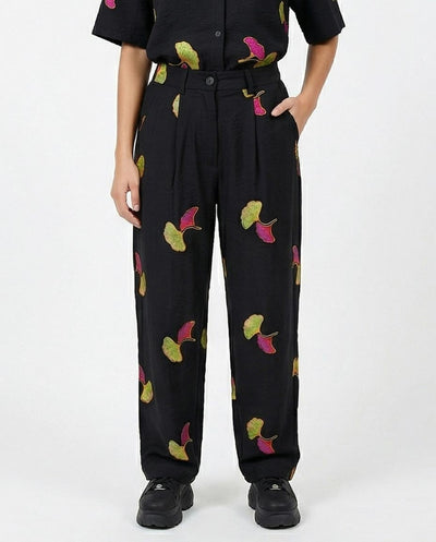 Ravin Embroidered Ginkgo Linen Pleated Trousers – Black - R216946