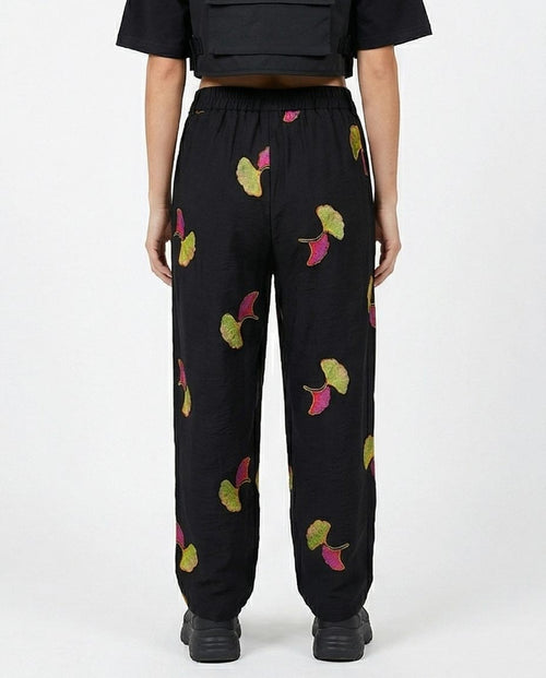 Ravin Embroidered Ginkgo Linen Pleated Trousers – Black - R216946