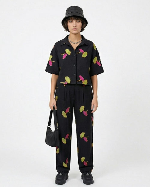 Ravin Embroidered Ginkgo Linen Pleated Trousers – Black - R216946