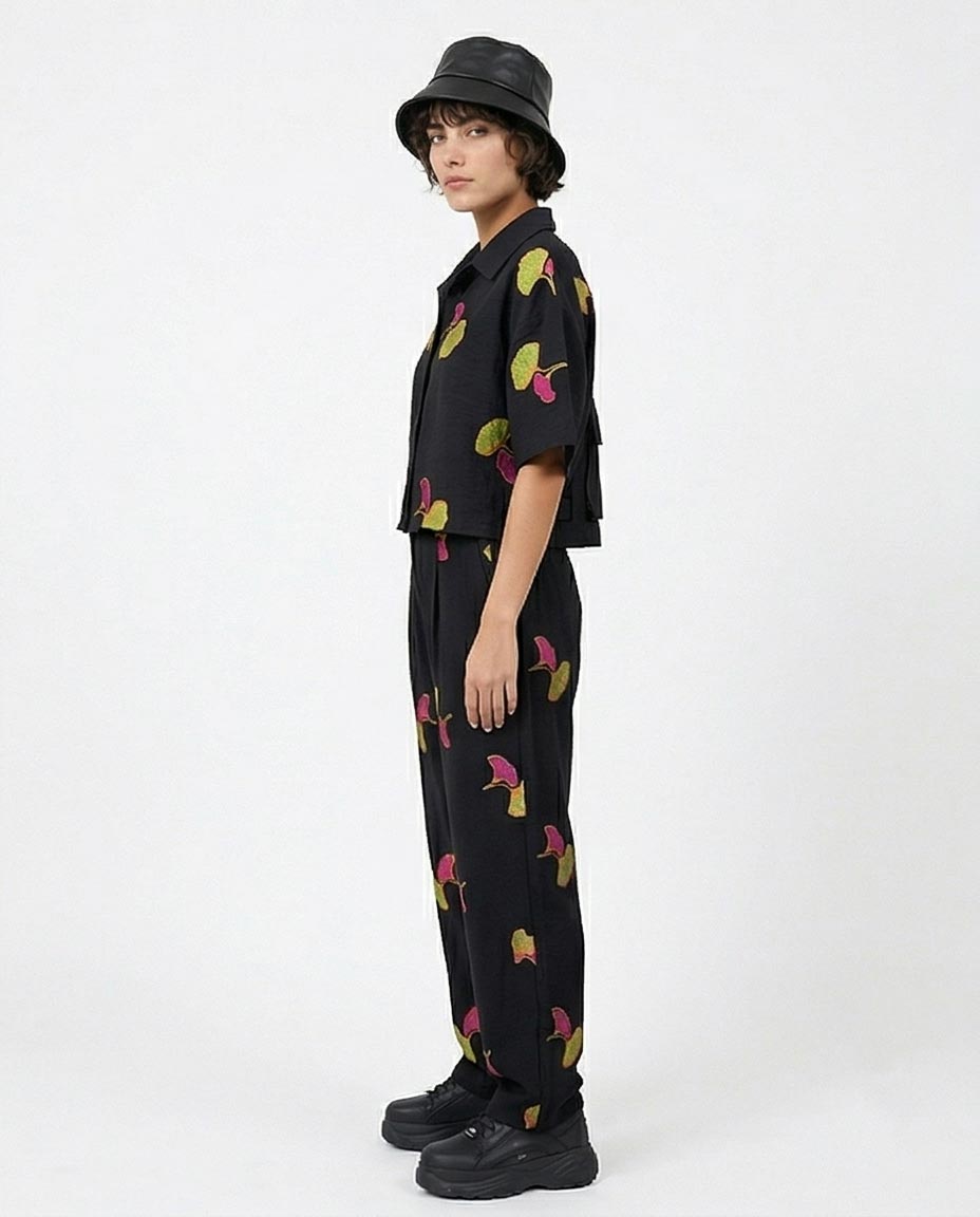 Ravin Embroidered Ginkgo Linen Pleated Trousers – Black - R216946