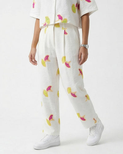 Ravin Ginkgo Leaf Embroidered Linen Straight-Leg Trousers - White & Magenta - R216947