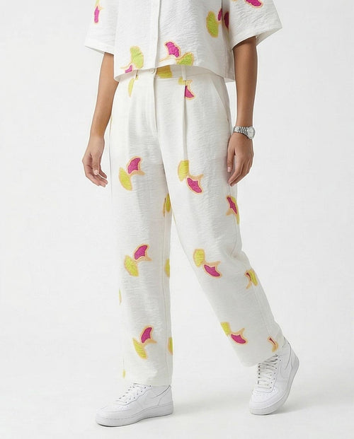 Ravin Ginkgo Leaf Embroidered Linen Straight-Leg Trousers - White & Magenta - R216947