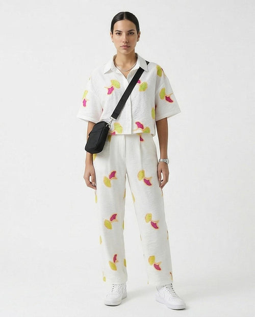 Ravin Ginkgo Leaf Embroidered Linen Straight-Leg Trousers - White & Magenta - R216947