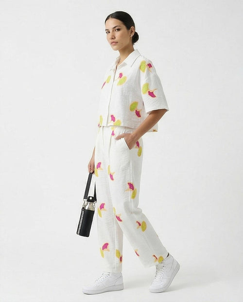 Ravin Ginkgo Leaf Embroidered Linen Straight-Leg Trousers - White & Magenta - R216947