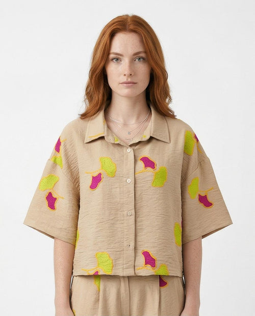 Ravin Ginkgo Leaf Embroidered Plissé Cropped Shirt - R216949