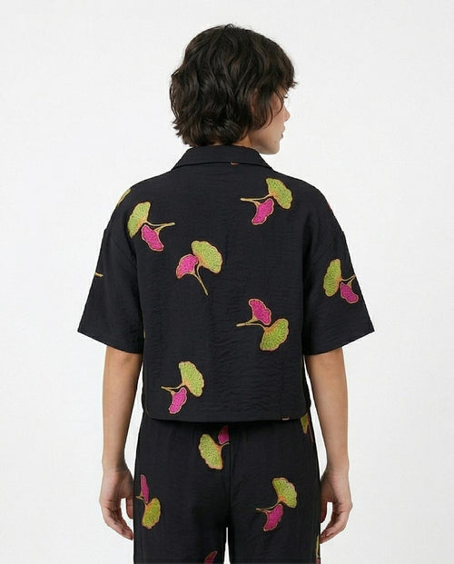 Ravin Embroidered Ginkgo Linen Cropped Shirt – Black - R216950