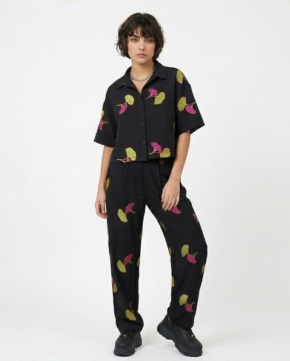 Ravin Embroidered Ginkgo Linen Cropped Shirt – Black - R216950