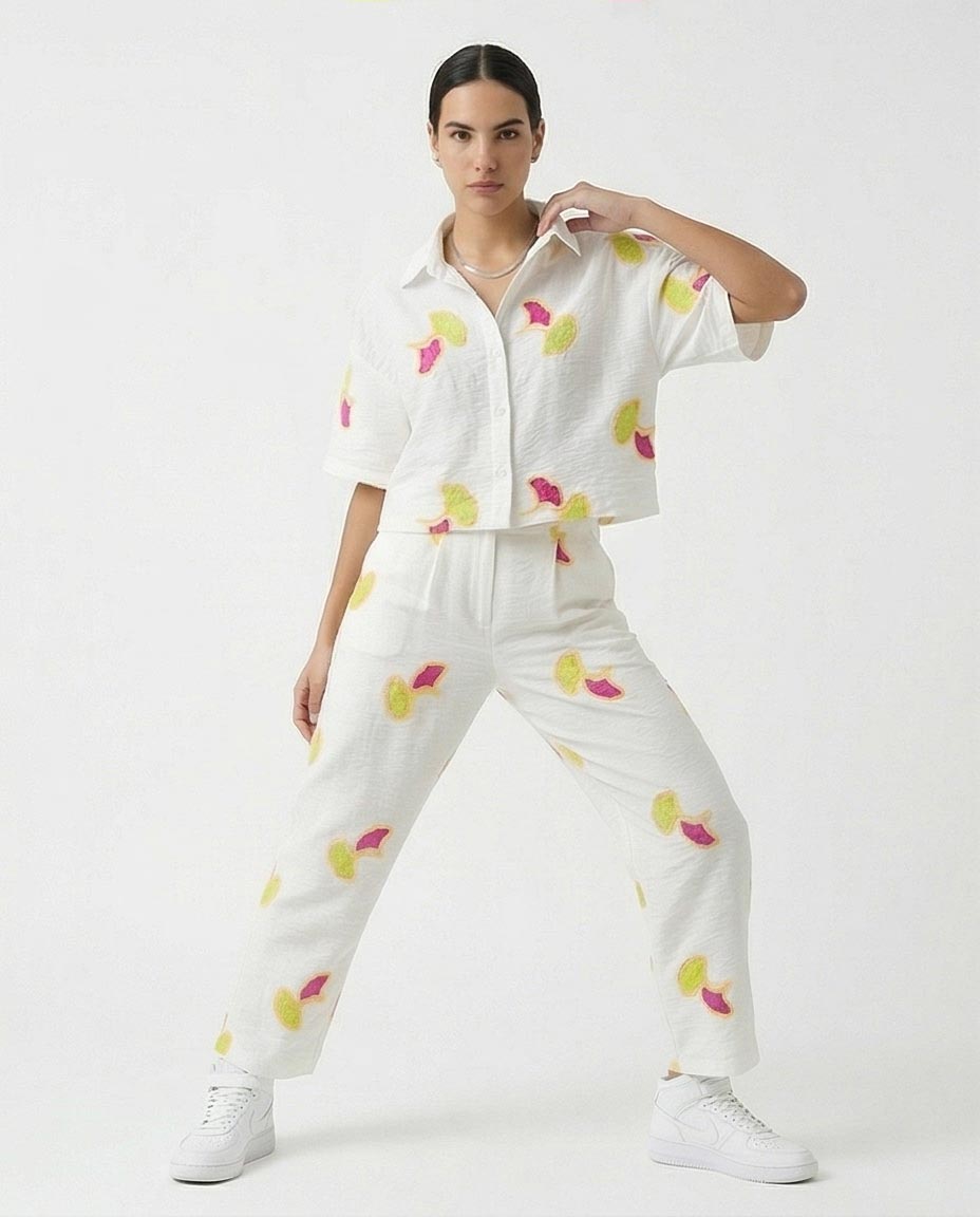 Ravin Ginkgo Leaf Embroidered Linen Cropped Shirt - White & Magenta - R216951