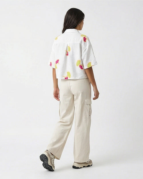 Ravin Ginkgo Leaf Embroidered Linen Cropped Shirt - White & Magenta - R216951