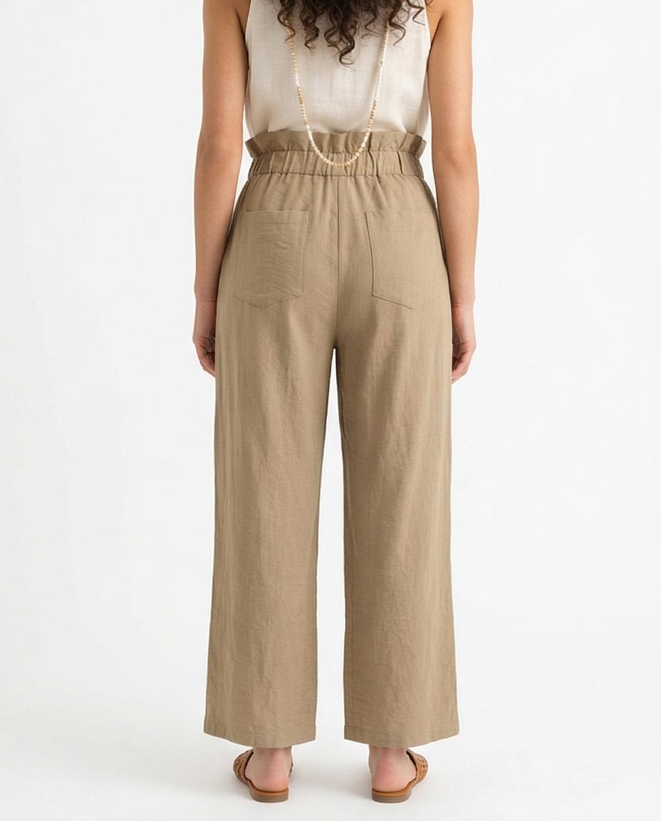 Ravin Women’s Paperbag High-Waist Linen Trousers – Wide Leg Relaxed Fit Pants – Khaki - R217004
