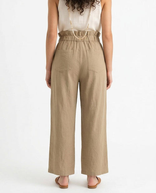 Ravin Women’s Paperbag High-Waist Linen Trousers – Wide Leg Relaxed Fit Pants – Khaki - R217004