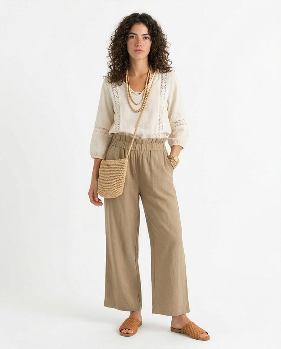 Ravin Women’s Paperbag High-Waist Linen Trousers – Wide Leg Relaxed Fit Pants – Khaki - R217004