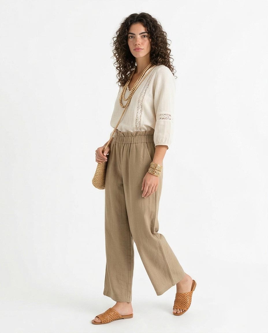 Ravin Women’s Paperbag High-Waist Linen Trousers – Wide Leg Relaxed Fit Pants – Khaki - R217004
