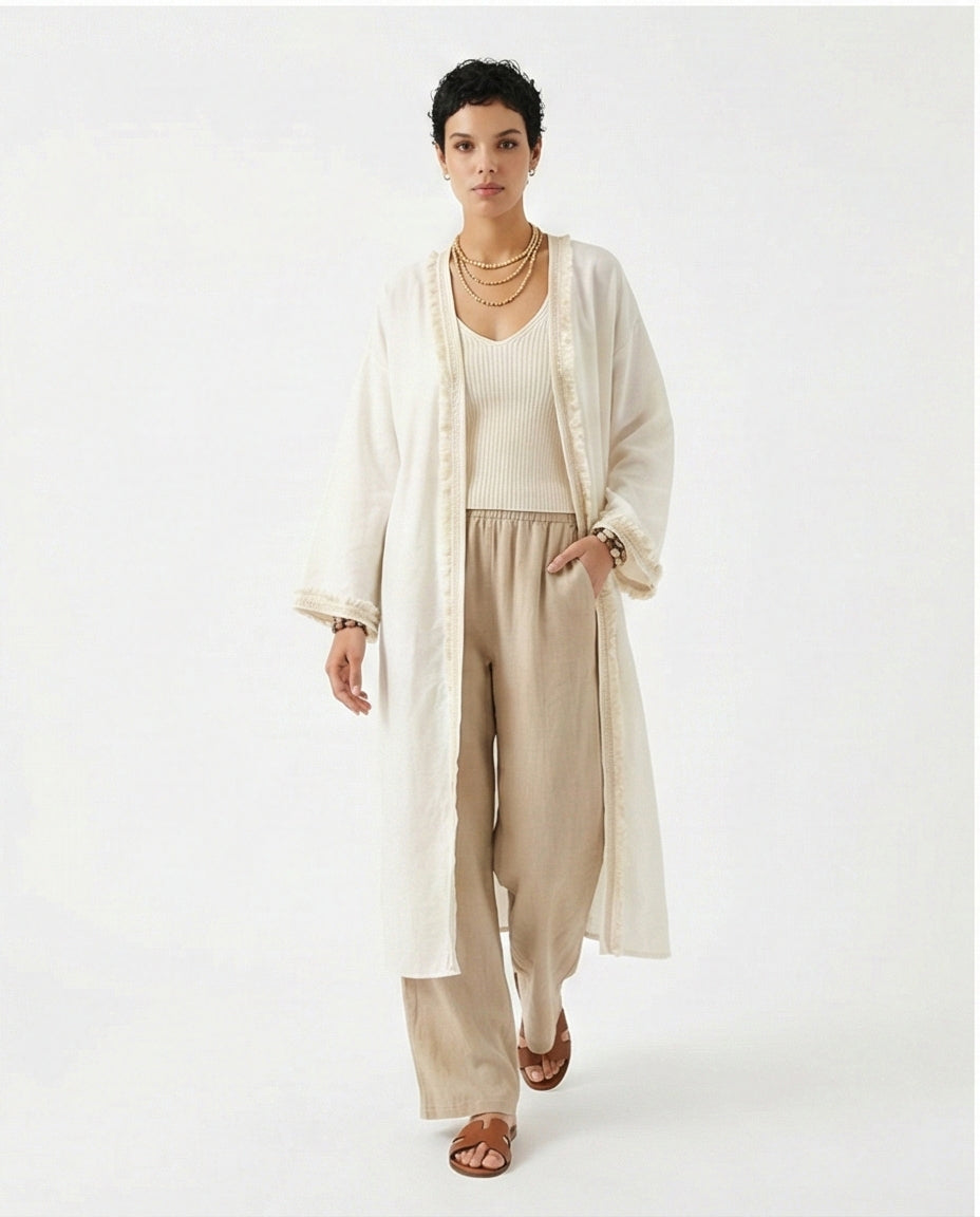 Cream Lightweight Longline Fringed Cardigan - R217005