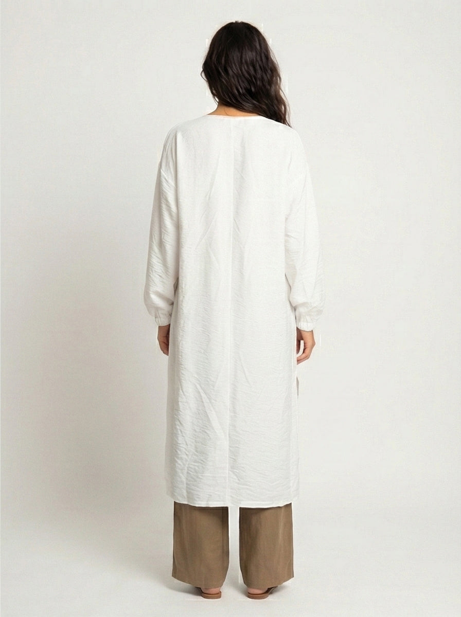 White Crinkled Texture Longline Open Front Cardigan - R217006