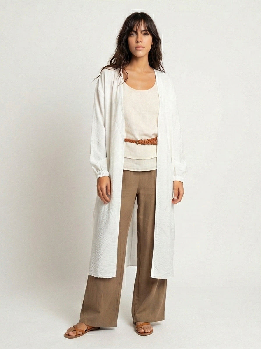 White Crinkled Texture Longline Open Front Cardigan - R217006