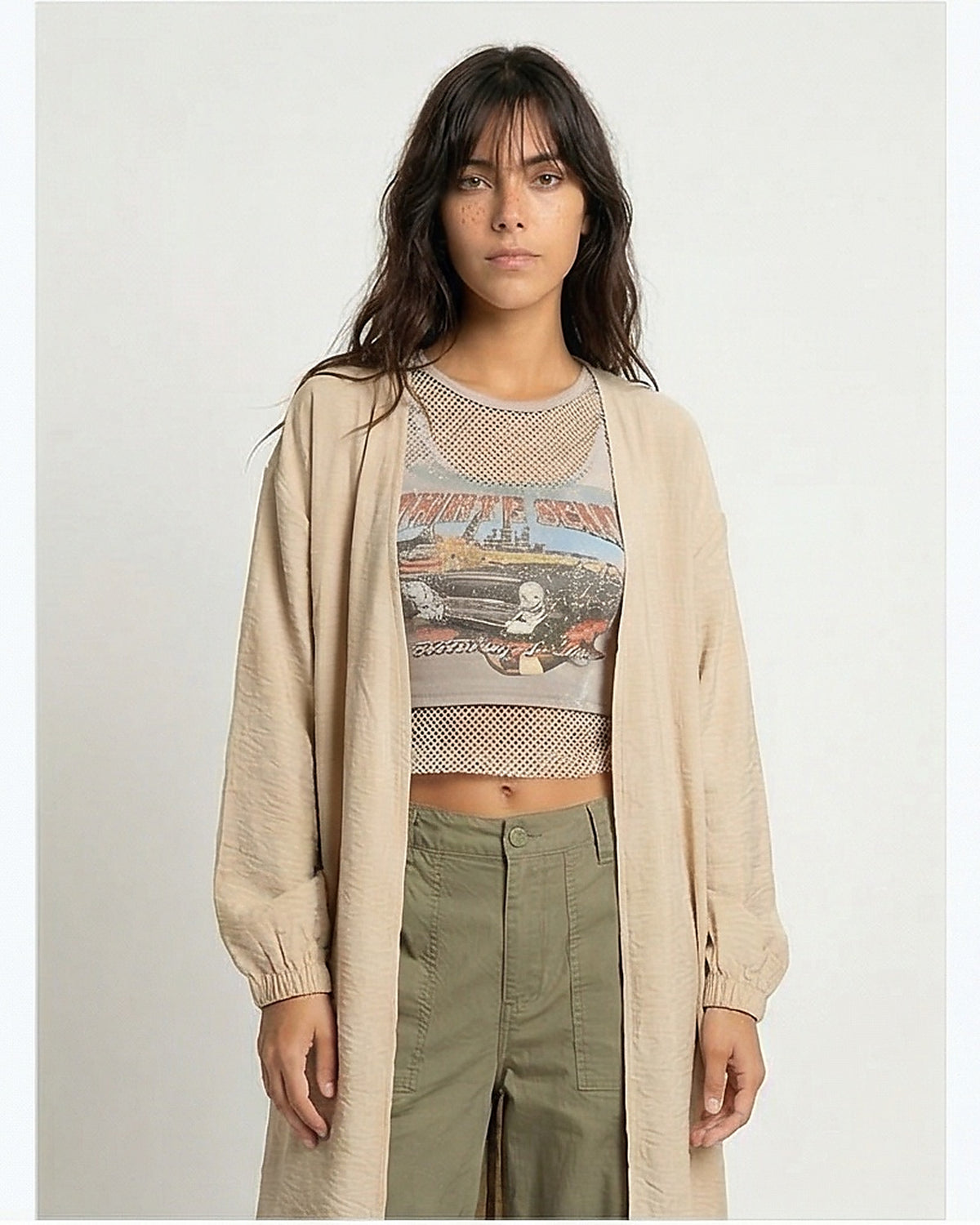 Women's Textured Longline Open Cardigan - Beige