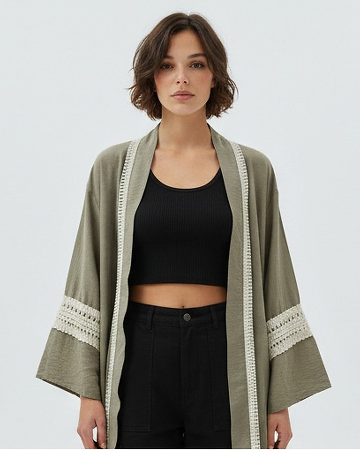 Olive Green Crochet-Trimmed Longline Kimono Cardigan - R217008