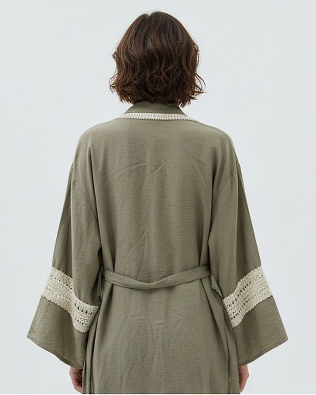 Olive Green Crochet-Trimmed Longline Kimono Cardigan - R217008