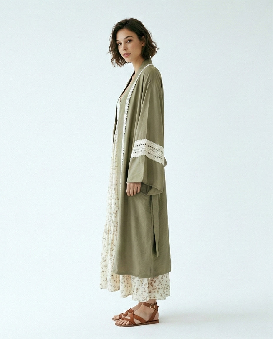 Olive Green Crochet-Trimmed Longline Kimono Cardigan - R217008