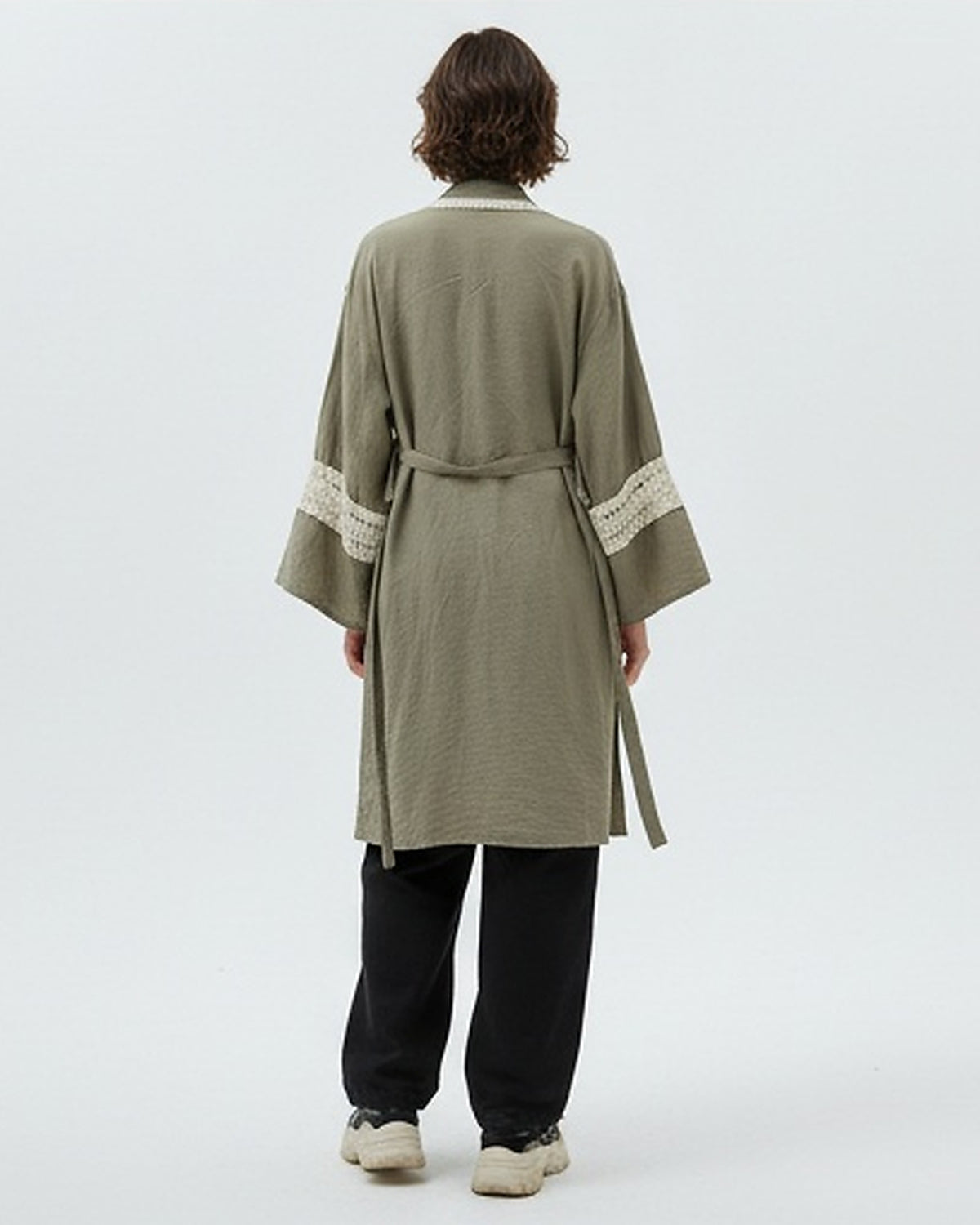 Olive Green Crochet-Trimmed Longline Kimono Cardigan - R217008