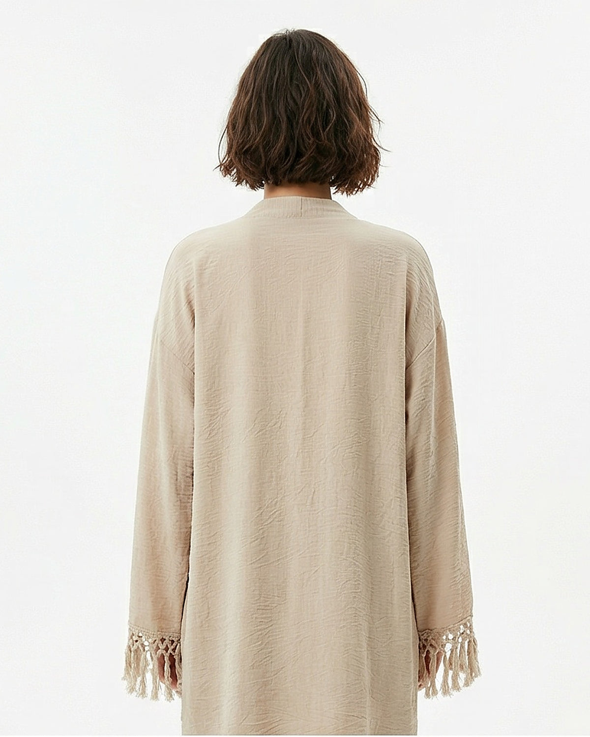 Stone Lightweight Textured Fringe Kimono Cardigan - R217010