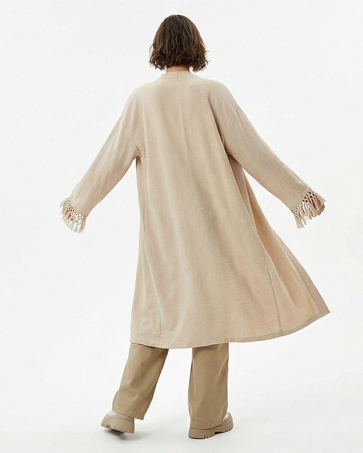 Stone Lightweight Textured Fringe Kimono Cardigan - R217010